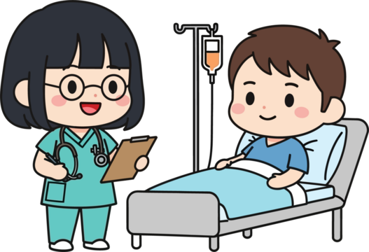 Chibi Vector Ilustration Nurse Attends to Patient in Hospital Bed.