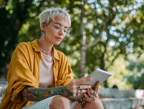 Stylish young woman with short blonde hair tattoos and glasses sitting outdoors reading on a digital tablet in a park