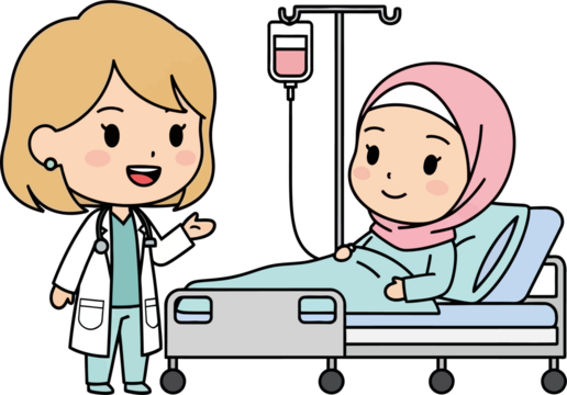 Chibi Vector Ilustration Doctor and Hijabi Patient in Hospital Bed with IV Drip.