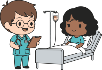 Chibi Vector Ilustration Doctor Caring for Patient in Hospital Bed.