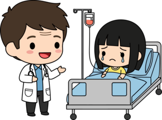 Chibi Vector Ilustration Doctor Comforts Sad Child Patient in Hospital Bed.