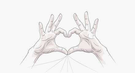 Obraz premium A detailed illustration of two hands forming a heart shape gesture against a plain white background.