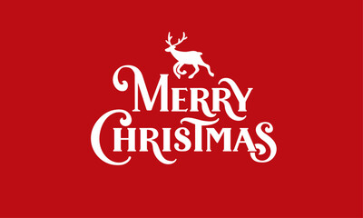 White Merry Christmas lettering with reindeer on red background. Great for greeting cards, posters, invitations, gift tags, and seasonal social media designs. Vector.