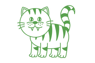 Whimsical cartoon kitty with green stripes stands cheerfully against a white backdrop