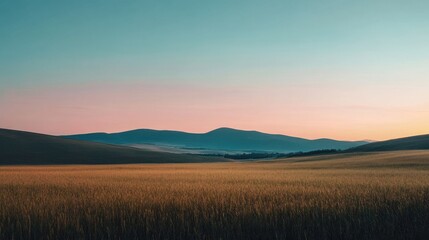 Fototapeta premium Serene sunset over tall grass field with mountains in background