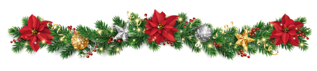 Horizontal Christmas garland with poinsettias, pine branches, holly berries, confetti, and shiny stars. Decoration for holiday banners, cards, and party posters. Transparent background in vector file. © Olga Prozorova