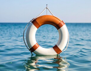 A Life Ring Floating on Calm Water in the Ocean, Symbolizing Safety and Summer