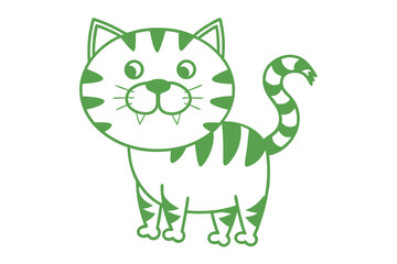Green striped cartoon feline stands displaying prominent canines on an isolated white background