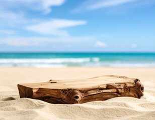 Rustic wooden log on pristine sandy beach with sparkling blue ocean and clear sky background, perfect for a serene summer display or natural product showcase