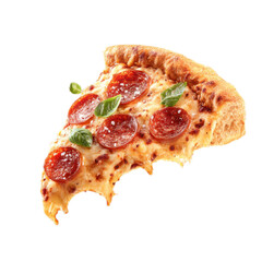 Slice of pepperoni pizza with a bite taken out of it