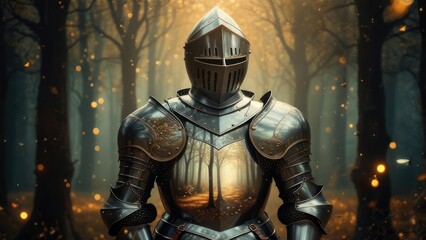 Majestic Knight in Enchanted Forest Reflecting Golden Light and Butterflies