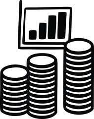 Hand drawn illustration depicting increasing stacks of coins alongside a bar graph showing upward financial growth and progress