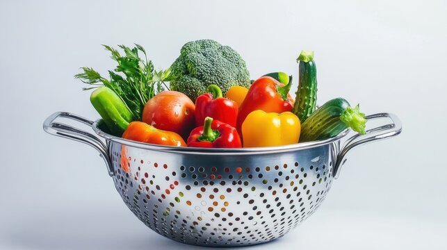 Fresh vegetables being washed in colander indoors