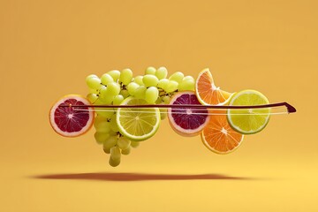 Fruit composition with citrus slices and grapes forming a musical instrument on yellow background