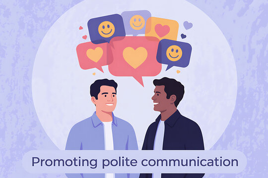 Two diverse men happily communicating with positive feedback icons floating above their heads, symbolizing good connection and understanding
