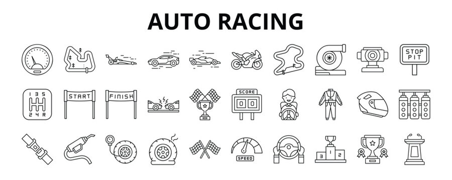 30 Auto Racing Line Icons Vector - Race Track, Formula One, Superbike, Circuit, Pit Stop, Racing Championship, Crossed Flag
