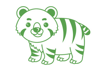 Green outline creates a playful tiger cub standing cheerfully against the white backdrop