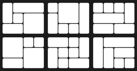Bento grid abstract layouts with geometric tiles and rounded corners. Modern modular UI design panels, trendy web interface templates, collage frames and infographics. Vector illustration.