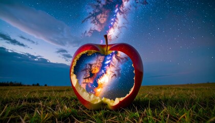 A vibrant red , seemingly split open, reveals a captivating image of the cosmos, including the Milky Way, against a backdrop of a star-studded night sky and a field of grass.
