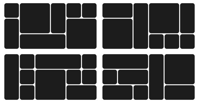 Bento grid abstract layouts with geometric tiles and rounded corners. Modern modular UI design panels, trendy web interface templates, collage frames and infographics. Vector illustration.