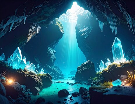 A hidden subterranean world of ancient beauty luminous blue crystals glow beside a tranquil river, bathed in ethereal light from above