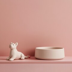 Minimalist Pet Decor with Cat Figurine and Bowl on Pink Background