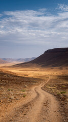 Winding dirt road leads through vast desert landscape under cloudy sky