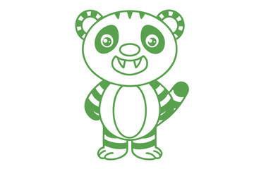 Happy cartoon green panda waving with toothy smile stands cheerfully on white