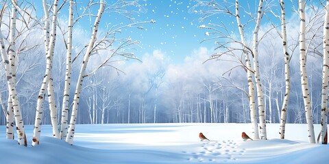 Peaceful winter forest with birch trees, falling snow, and red-breasted birds perched on snowy ground under a bright blue sky illustration