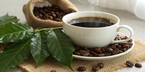 A steaming cup of rich black coffee rests on a saucer surrounded by roasted coffee beans with fresh green coffee leaves and a burlap sack of beans in the background