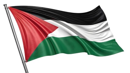 Waving palestinian flag on a pole against white background