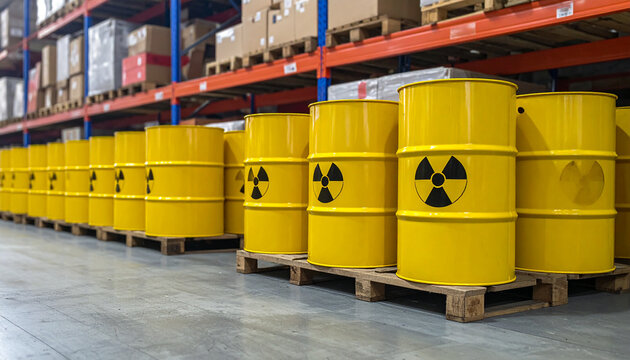 A row of yellow barrels with radiation symbols stored in a warehouse setting.