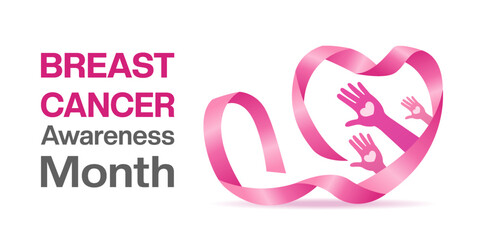 October is Breast Cancer Awareness Month. Ribbon shape heart and hand. Great for posters, banners and social media. White background.