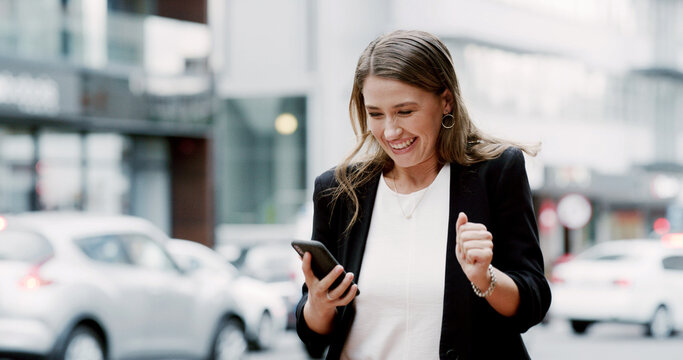 Business woman, phone and celebration in city, excited or notification for good news on commute. Person, smartphone and achievement with job promotion, goals and success with mobile app in Australia - Powered by Adobe