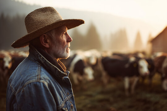 Thoughtful elderly farmer wearing a straw hat and denim jacket in a misty pasture with cows at sunrise