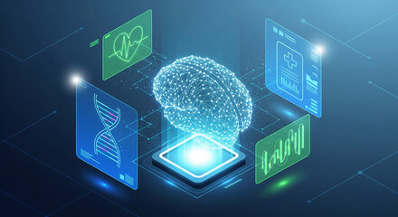 "Futuristic brain interface with holographic digital elements, combining neuroscience and technology. Ideal for concepts of AI, big data, innovation, and human-computer interaction."