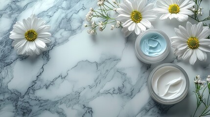 Fresh Creams with Daisies on Elegant Marble Tabletop Background