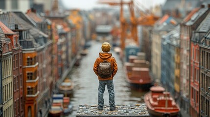 Boy with backpack standing on a model building near water canal