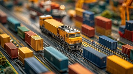 Model train navigating through colorful cargo containers in a yard