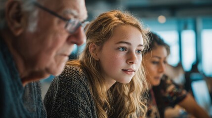 Naklejka premium A senior Caucasian man, a young Caucasian woman with wavy blonde hair, and a young Hispanic woman are engaged in a discussion at a table in a modern setting.