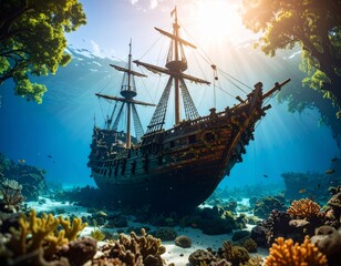 Fototapeta premium Sunken ancient galleon resting peacefully on the ocean floor surrounded by vibrant coral reefs and exotic marine life