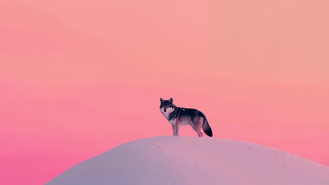 A solitary wolf stands atop a snowy hill against a pastel pink sky, evoking a sense of wilderness and animal grace in a serene, winter landscape.