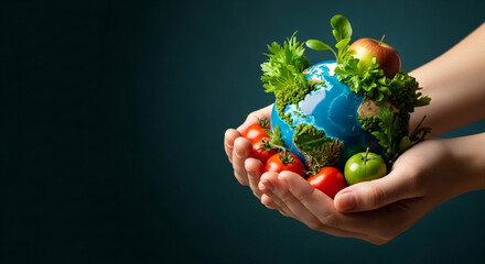 Two hands gently holding a small globe surrounded by fresh vegetables and tomatoes, symbolizing the connection between food, nature, and the planet for World Food Day awareness.