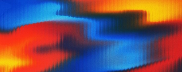Abstract background of red, blue, and orange waves with a streak effect in the dark. Wave-striped glass refraction.