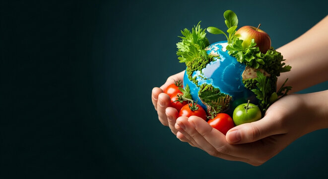 Two hands gently holding a small globe surrounded by fresh vegetables and tomatoes, symbolizing the connection between food, nature, and the planet for World Food Day awareness.