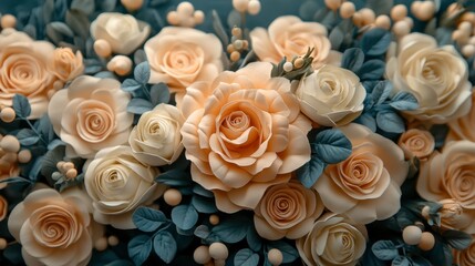 Elegant arrangement of peach roses and greenery in soft light