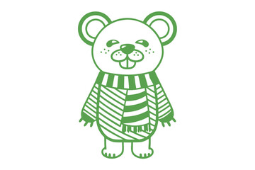 Green line drawing showcases a cheerful bear wearing a striped sweater and scarf