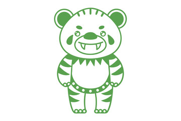 Green cartoon tiger is standing; it features sharp teeth, stripes, and dots