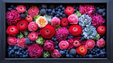 Vibrant Floral Arrangement Surrounded by Fresh Blueberries and Berries