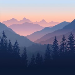 Layered mountains at sunset time